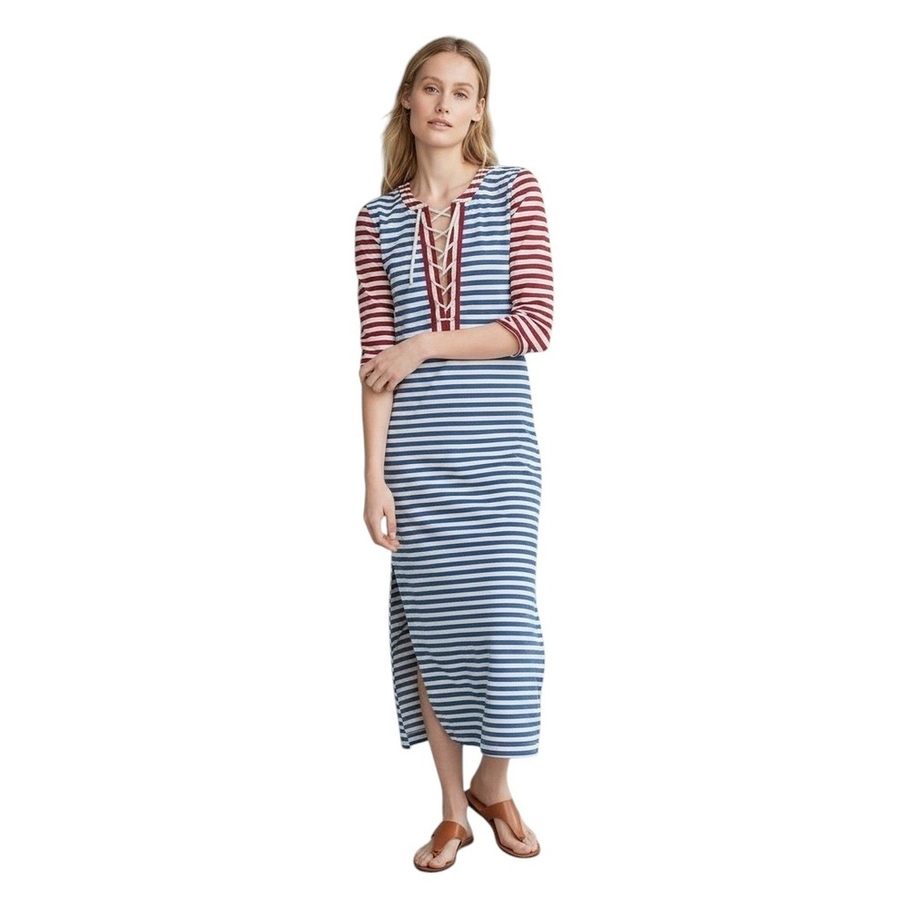 J. Crew Cassie Striped Maxi Dress Lace Up Nautical Blue Red White Preppy - XS